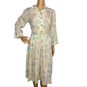 Vintage 40s Fruit & Floral Print Pleated Cotton Shirt Dress